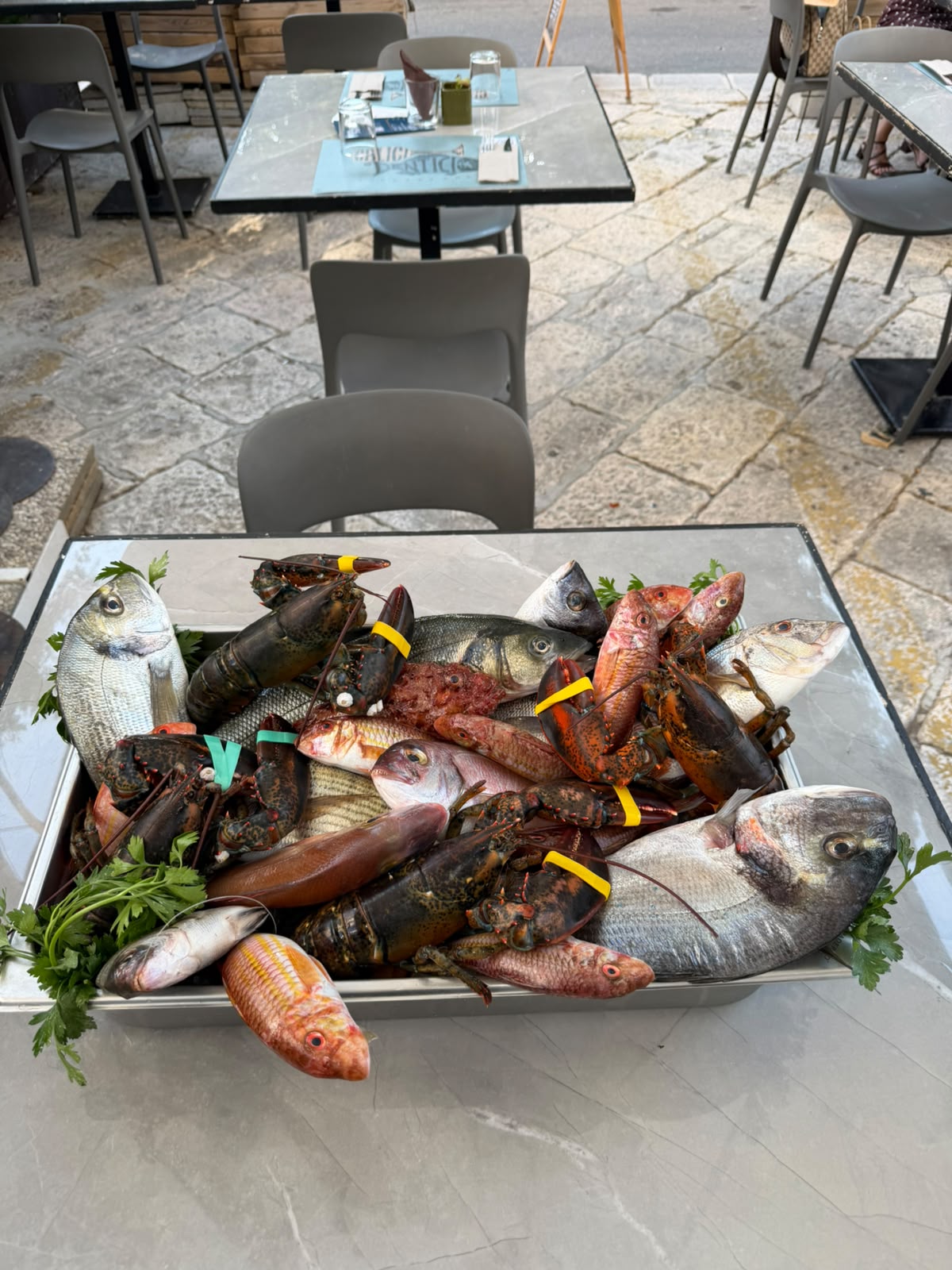 Pescato fresco del giorno al dehors di Calici e Dentici a Locorotondo